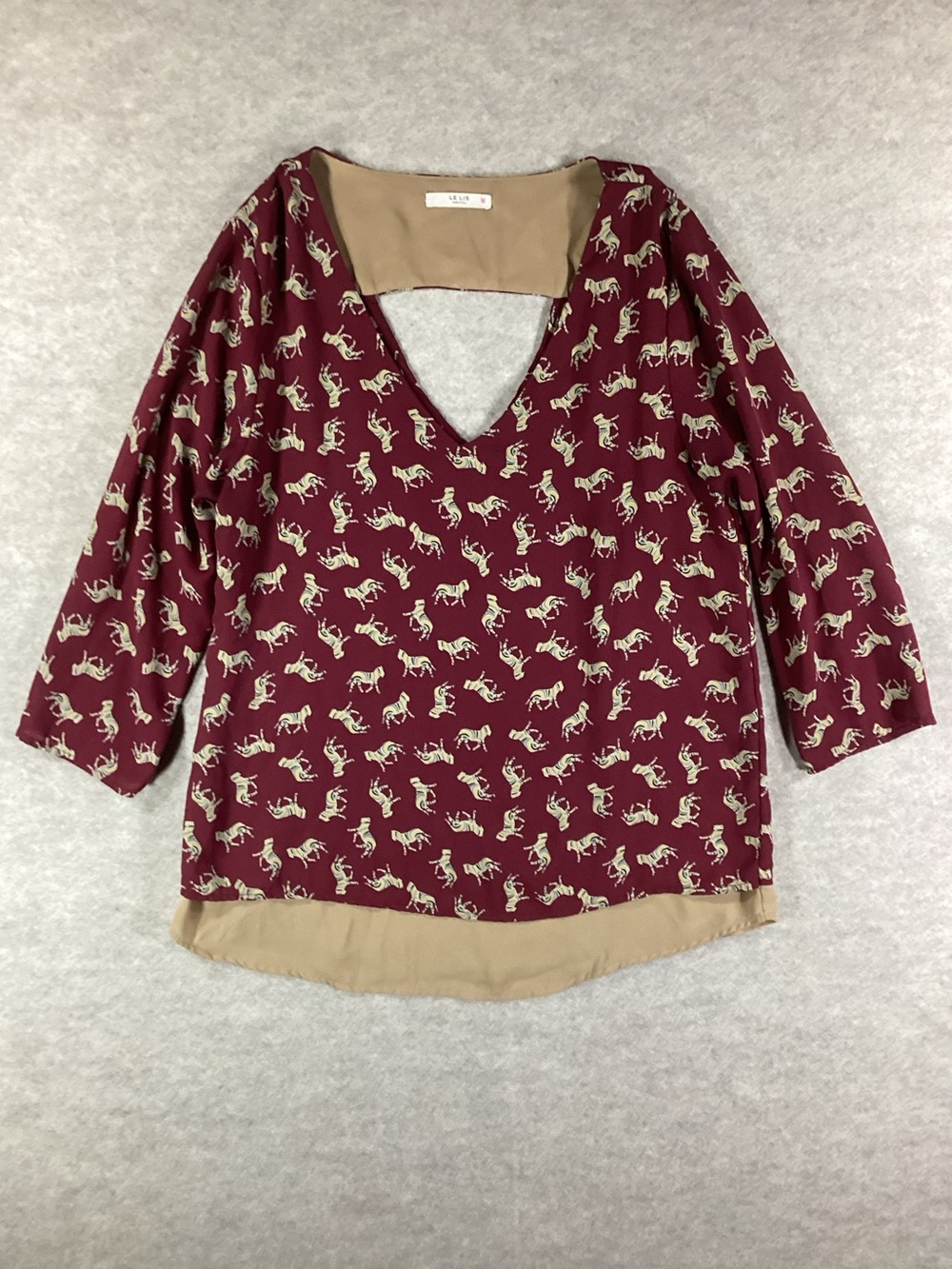 Le Lis Burgundy and Tan Zebra Print V-Neck Blouse Small